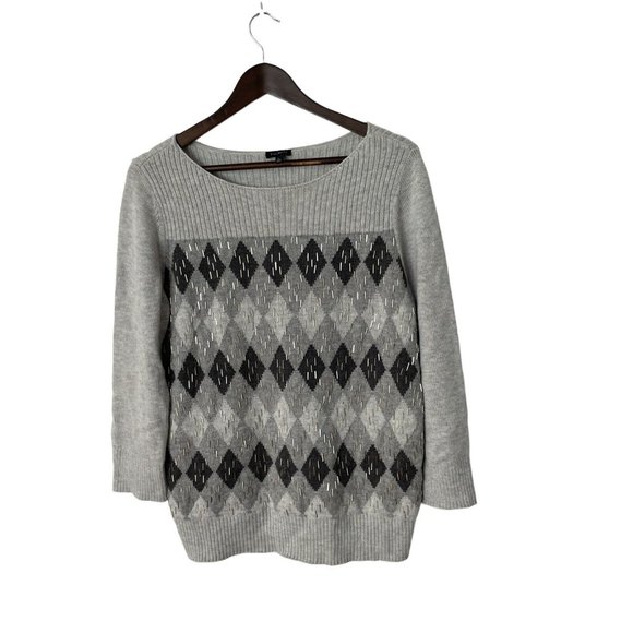 Talbots Women's Gray & Black Argyle Nylon Wool Beaded Sweater Sz L - Picture 1 of 3